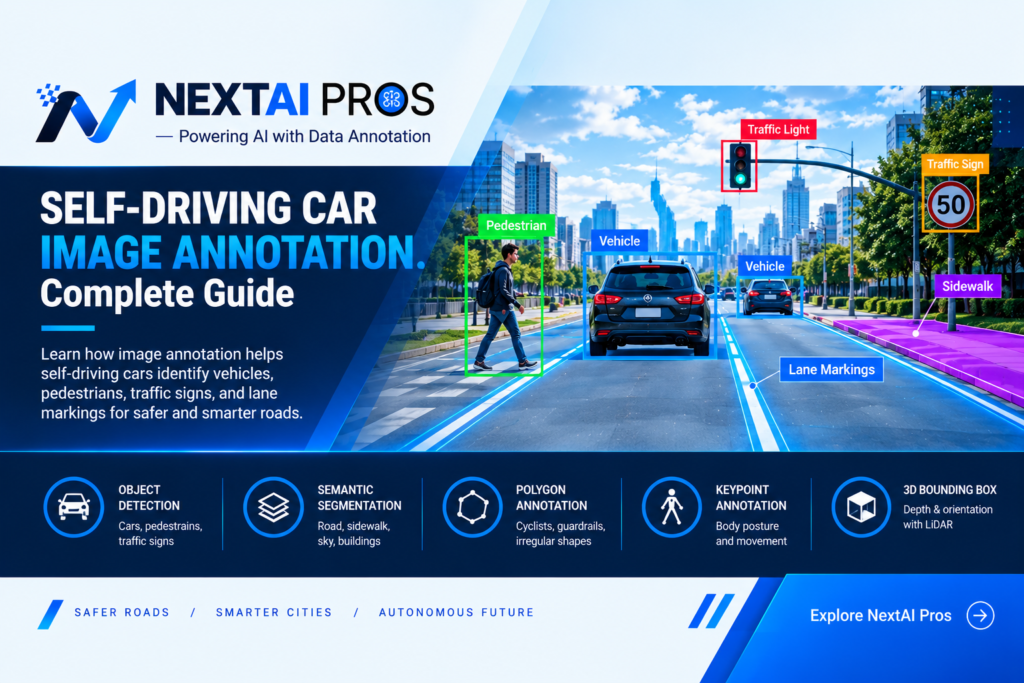 Self-driving car image annotation with labeled vehicles, pedestrians, traffic signs, and lane markings