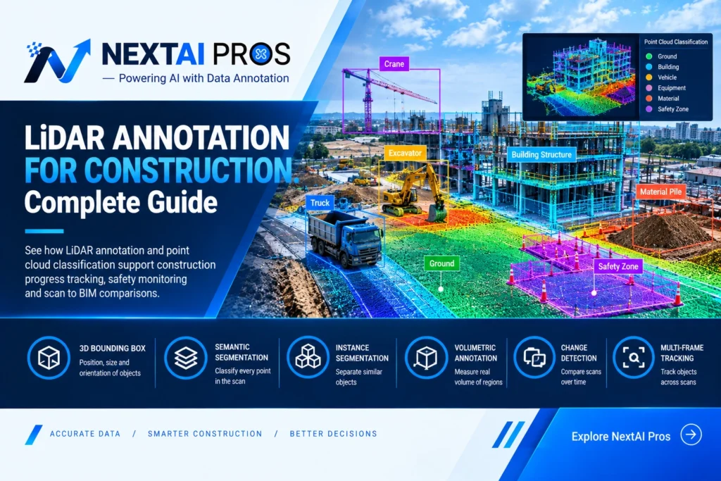 LiDAR annotation helps construction teams classify 3D point cloud data for progress tracking, safety monitoring, and Scan to BIM.