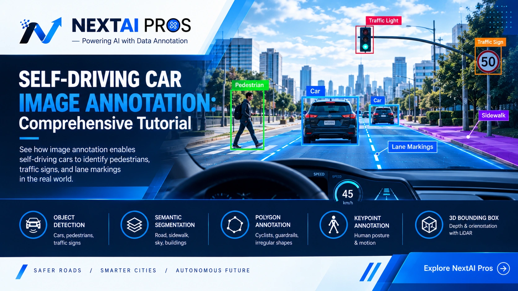 Self-driving car image annotation with labeled vehicles, pedestrians, traffic signs, and lane markings