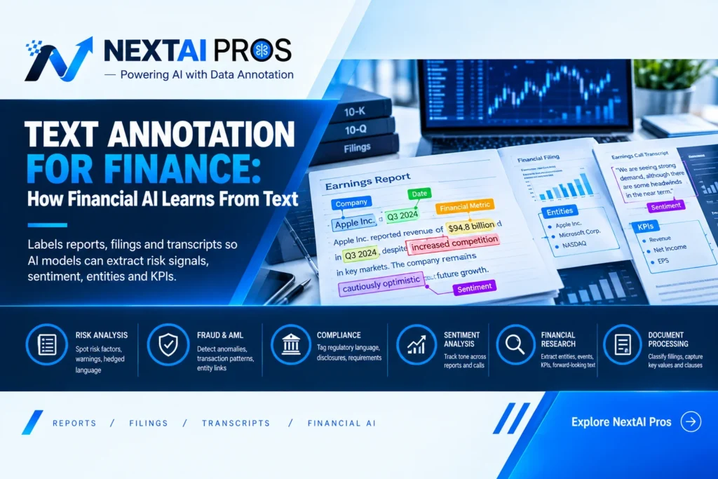 Text annotation for finance showing labeled financial reports, filings, transcripts, risk signals, entities, sentiment, and KPIs